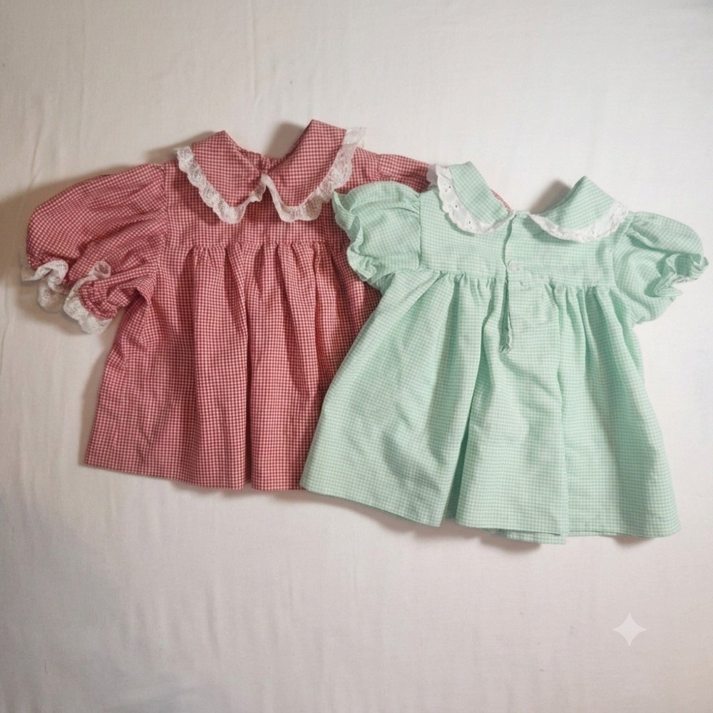 Vintage Handmade Gingham Baby Dress Set fit 6m-2y Lace peter pan collar 2pc